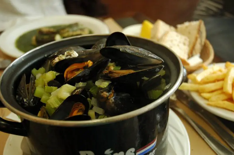 Moules mariniere in a pot